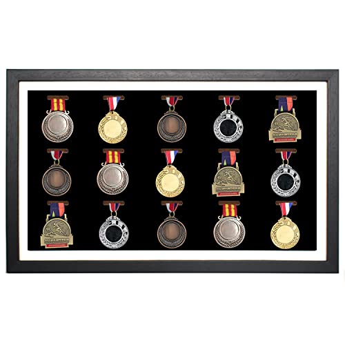 Caja de Sombra Grande con Pantalla de medallas, 15 expositores de medallas, Marco de exhibición de medallas, exhibición Militares de Guerra, maratón, Gimnasia y Todos los Deportes(Negro)