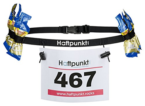 Haftpunkt Cinturón número de Carreras (con 6 Hebillas elásticas) - para Fijar y Sujetar el Dorsal de Carrera - cinturón de Carreras para maratones, triatlón o Ciclismo (Negro)