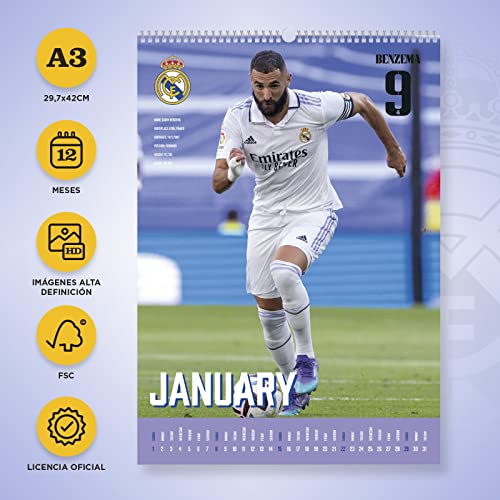 Grupo Erik Calendario pared A3 Real Madrid 2023 - Calendario 2023 Real Madrid - Calendario 2023 pared A3│ Calendario Real Madrid - Calendario A3 - Producto con licencia oficial