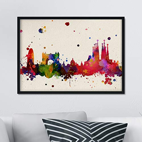 Nacnic Lámina Ciudad de Barcelona. Skyline Estilo Acuarela y explosión de Color. Poster tamaño A3 Impreso en Papel 250 Gramos. Decoración del hogar.